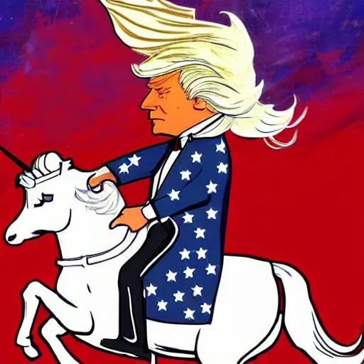 Prompt: Donald Trump riding a unicorn. digital art by Simon Bisley