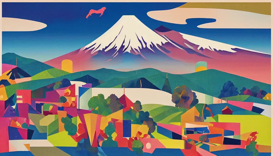 Prompt: award winning graphic design poster, cutouts constructing an contemporary art depicting a lone mount fuji and hills, rural splendor, and bullet train, isolated on white, and bountiful crafts, local foods, edgy and eccentric abstract cubist realism, mixed media painting by Leslie David and Lisa Frank for juxtapose magazine