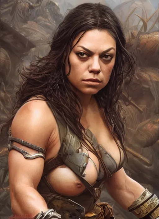 Image similar to exhausted Mila Kunis as a very muscled rugged looking Amazon, dirty, sweating, intricate, elegant, highly detailed, artstation, concept art, sharp focus, art by artgerm and donato giancola and Joseph Christian Leyendecker, WLOP