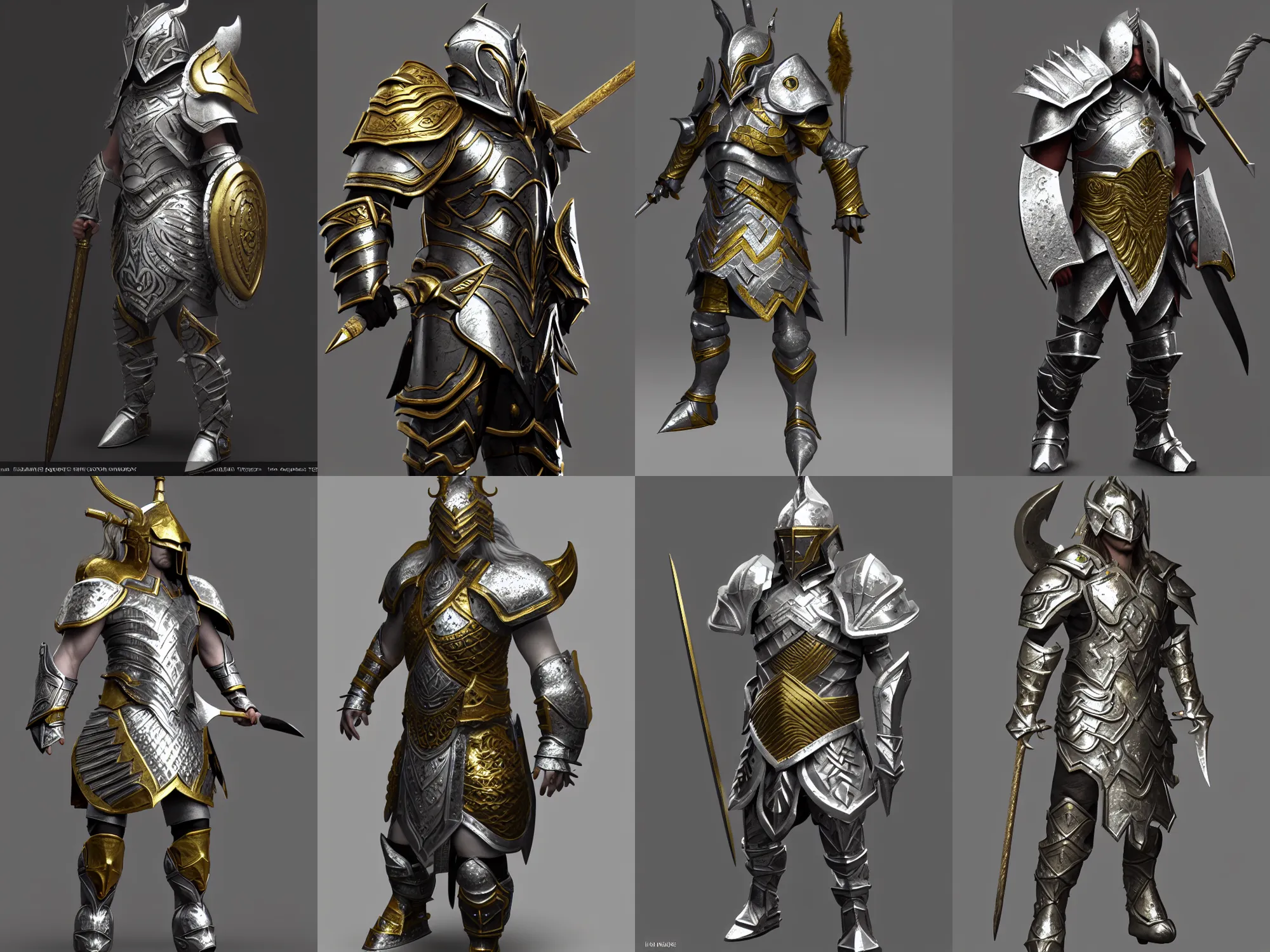 Prompt: render of noble fantasy barbarian armor, silver with gold trim, hyperrealistic, extremely clean, flat shading, exaggerated proportions, trending on Artstation, fantasy character concept, HD Octane render, 8k