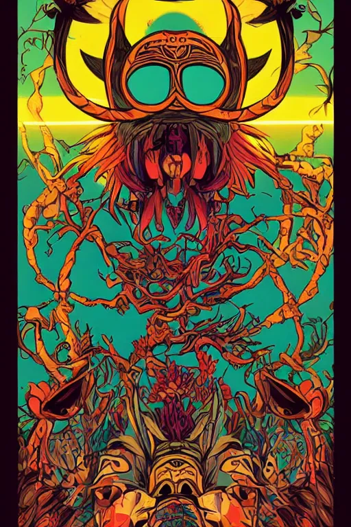 Image similar to animal mask totem roots flower tribal feather gemstone plant wood rock shaman vodoo video game vector cutout illustration vivid multicolor borderlands comics by josan gonzales and dan mumford radiating a glowing aura