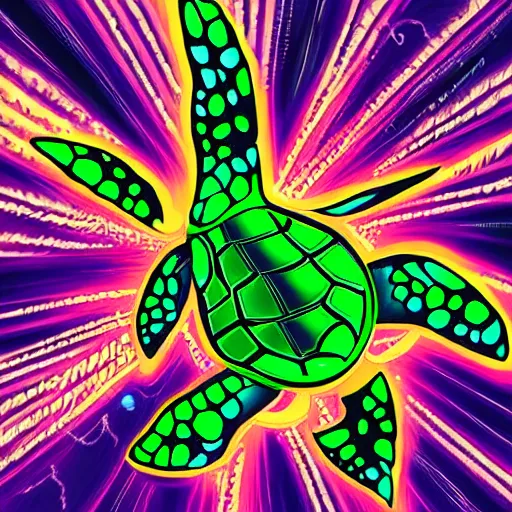 Image similar to turtle fusing with a psychedelic black hole in space, style like spiderverse movie, colorful, hard edges, black outlines