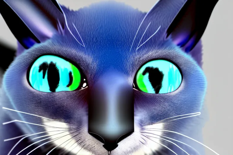 Image similar to a blue - and - black male catbat fursona with blue / green heterochromatic eyes ( differently - colored eyes, one green, one blue ) and huge bat ears, photo of the catbat streaming on his computer