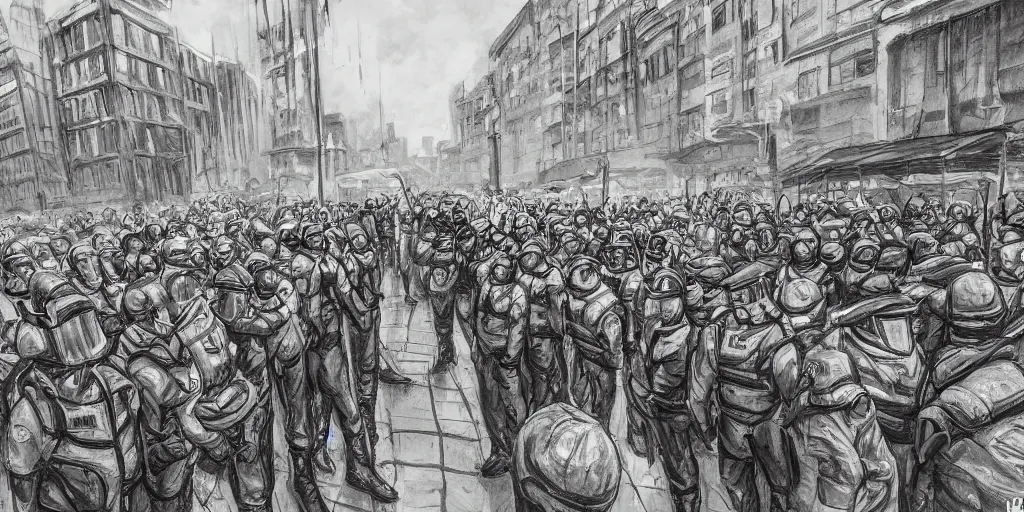 Image similar to few policemans lined up, standing against the protesters with blank posters, сlear sky, concept art, intricate details, highly professionally detailed,, highly detailed -