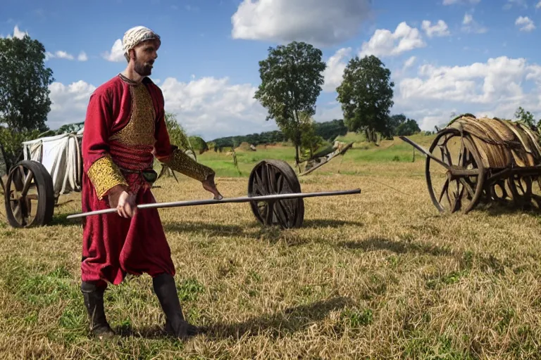 Image similar to man with scythe, medieval art, mowing of the hay, drmatic ligthing, traditional romanian clothes, woodstock festival