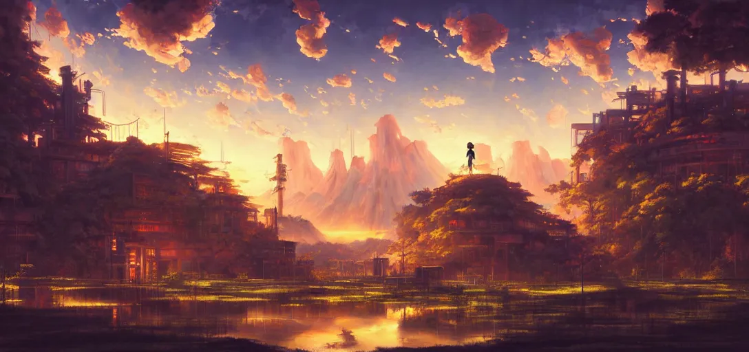 Image similar to baroque oil painting of anime key visual environment of a eden in a cyberpunk world, brutalist, dark fantasy, sunset, rule of thirds, digital cel shading, fake hidden detail, trending on pixiv fanbox, style of makoto shinkai studio ghibli jamie wyeth james gilleard greg rutkowski