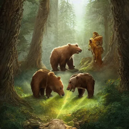 Image similar to elven druid summoning bears in the forest, d & d inspired, trending on artstation, ultra fine detailed, hyper detailed, hd, concept art, digital painting