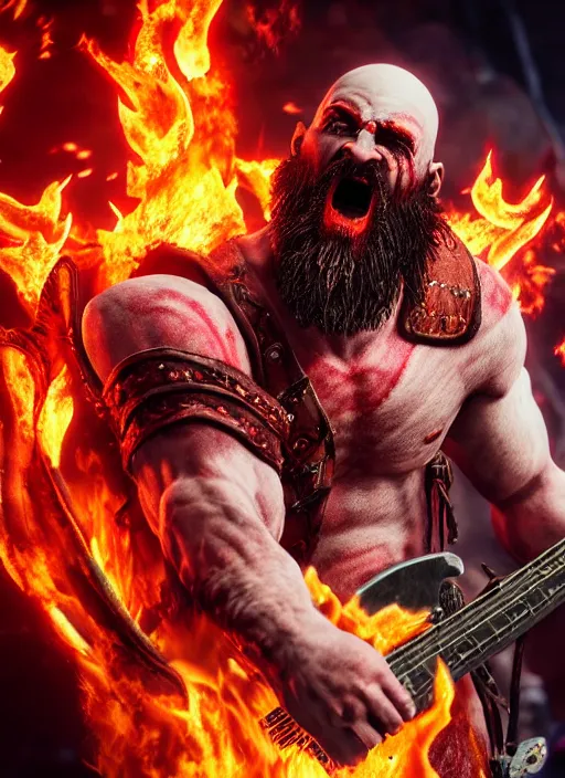 Prompt: screaming kratos rocking out on a flaming stratocaster guitar, cinematic render, god of war 2 0 1 8, playstation studios official media, lightning, flames, left eye stripe, left eye stripe, left eye stripe, left eye stripe, clear, coherent