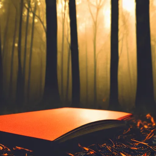 Prompt: award winning photography of a creepy book, creepy forest background, burnt orange and navy hues, 40mm lens, shallow depth of field, split lighting