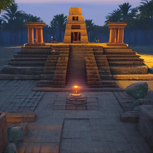 Image similar to an archviz render of a Aztec Temple, torches lit, unreal engine, vray, volumetric lighting, ray tracing, real time ray tracing