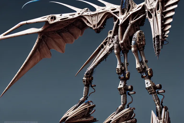 Image similar to pterodactyl in a winged cyborg mech suit, by alexandre ferra, zezhou chen, peter gric, mohamed reda and hr giger, hyper detailed line art, screen print, character concept art, realistic, coherent, octane render, zbrush central, behance hd, hypermaximalist