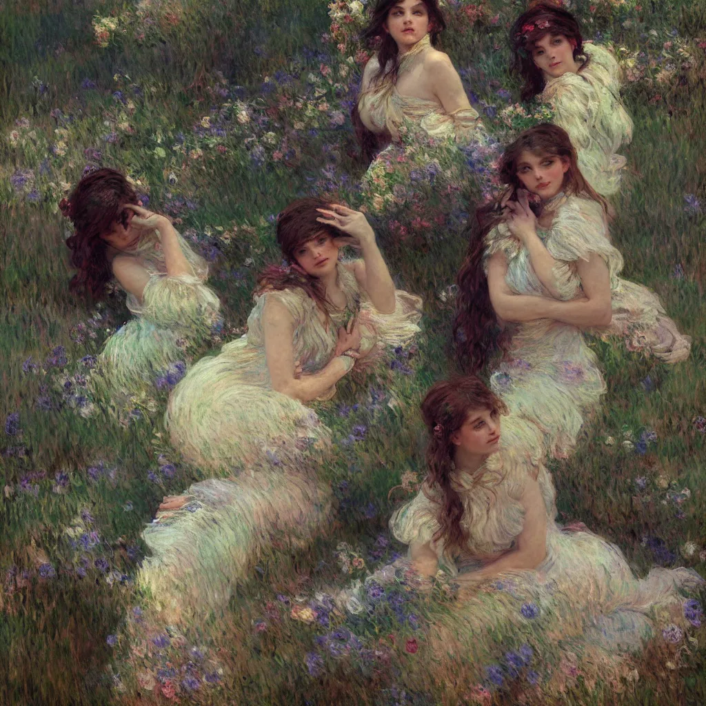 Image similar to illustration studio portrait of three beautiful girl in an artistic pose resting in nature, monet painterly motives and textures pattern, hyper detailed, octane render, vivid colors, artstation, by jeremy mann, by alphonse mucha, by monet