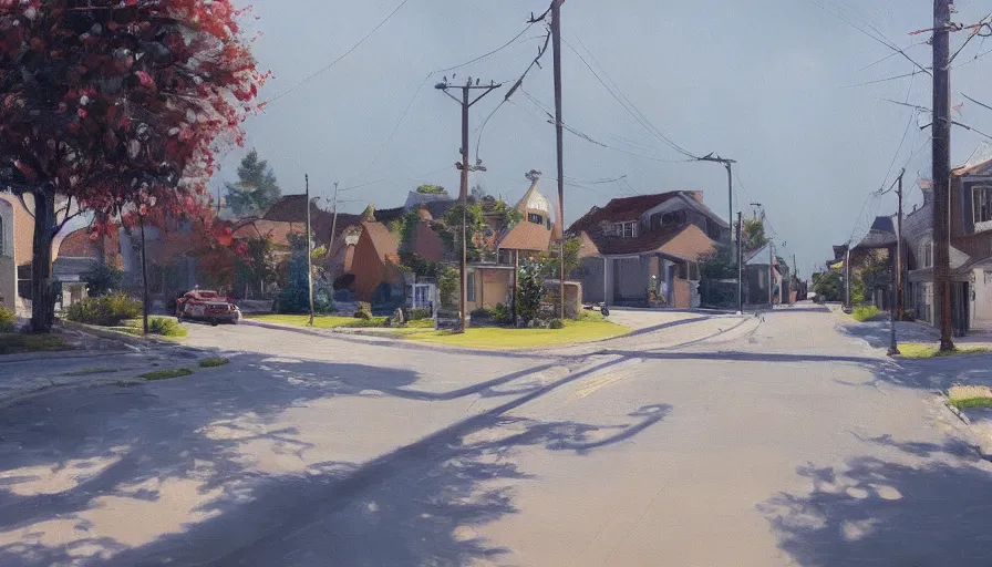 Image similar to a painting of a suburban street by jama jurabaev, cinematic shot, trending on artstation, high quality, ultra realistic