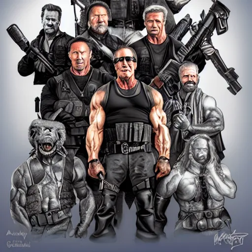 Image similar to A group photo of the cast of Expendables but it's all Arnold Schwarzenegger, western, D&D, fantasy, intricate, elegant, highly detailed, digital painting, artstation, concept art, matte, sharp focus, illustration, art by Artgerm and Greg Rutkowski and Alphonse Mucha