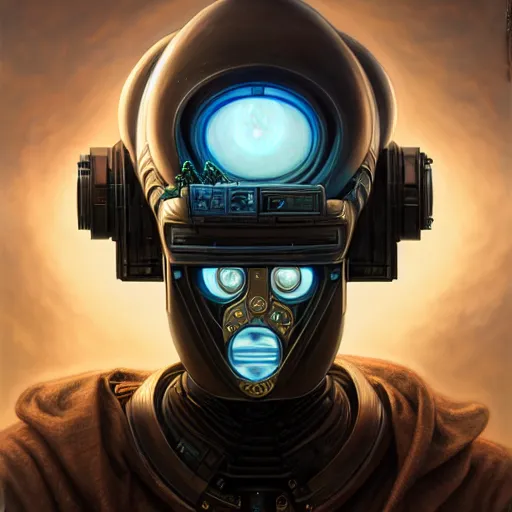 Image similar to front shot of a cyberpunk gazmask robot character, intricate, elegant, highly detailed, centered, digital painting, artstation, concept art, smooth, sharp focus, illustration, artgerm, Tomasz Alen Kopera, Peter Mohrbacher, donato giancola, Joseph Christian Leyendecker, WLOP, Boris Vallejo