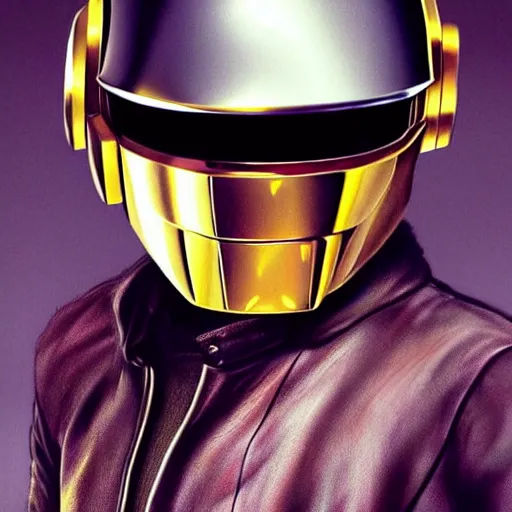 Prompt: portrait of Daft Punk by Greg Rutkowski, wearing a leather jacket, highly detailed portrait, digital painting, artstation, concept art, smooth, sharp foccus ilustration, Artstation HQ