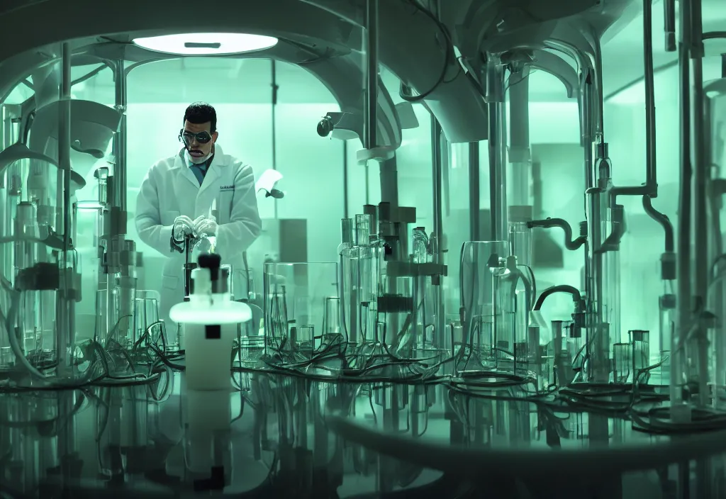 Prompt: professional shot of a scientist thin ( latino ) male in his biotech lab, developing a zerg alien inside a bioreactor with green culture inside. from love death and robots ( 2 0 1 9 ). coherent portrait, intricate, elegant, highly detailed, digital photo, trending on artstation, hdr photo, smooth, sharp focus