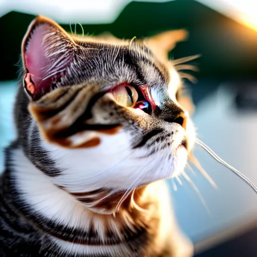 Image similar to Scottish fold cat taking a selfie, golden hour, realistic