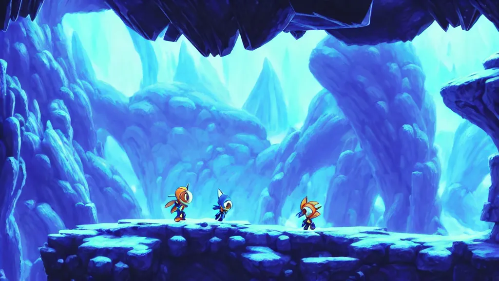 Prompt: side scrolling megaman zero stage 1 the ice cave, studio ghibli, pixar and disney animation, sharp, rendered in unreal engine 5, highly detailed, digital painting, artstation, hollow knight, smooth, sharp focus, illustration, wide angle, wallpaper, splash art, promo art, dramatic lighting, art by artgerm and greg rutkowski and bo chen and jin xiaodi