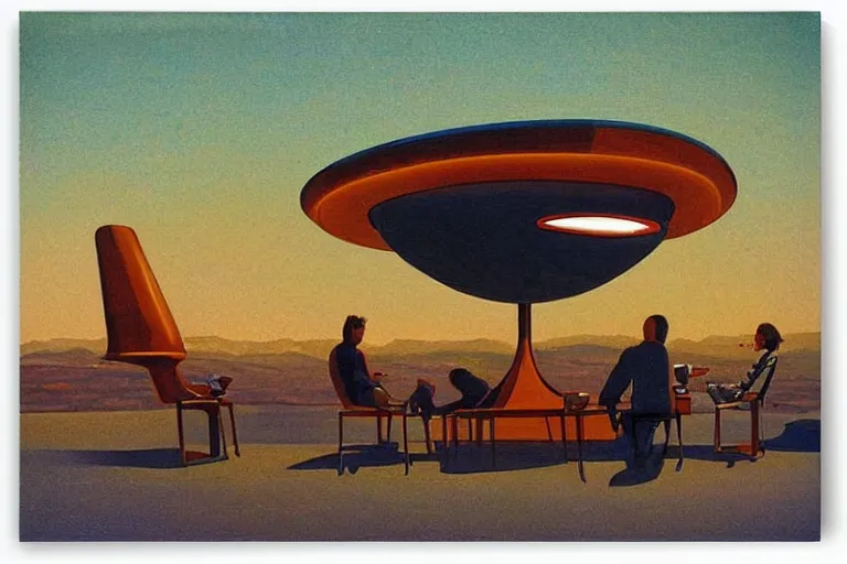 Image similar to coffee shop in a spaceship by robert theodore mccall