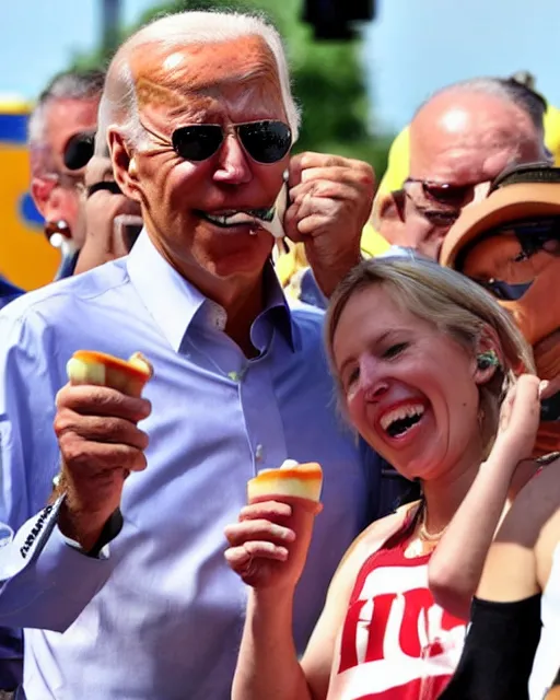 Prompt: joe biden eating hot dogs at the nathans hot dog eating contest