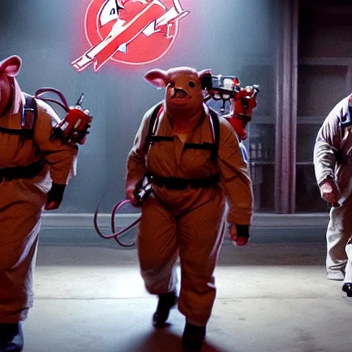 Image similar to Live Action Still Pig Man As Ghostbusters, real life, hyperrealistic, ultra realistic, realistic, highly detailed, epic, HD quality, 8k resolution, body and headshot, film still,Exquisite detail, post-processing, masterpiece, Cinematic Lighting, Unreal Engine, 8k, HD