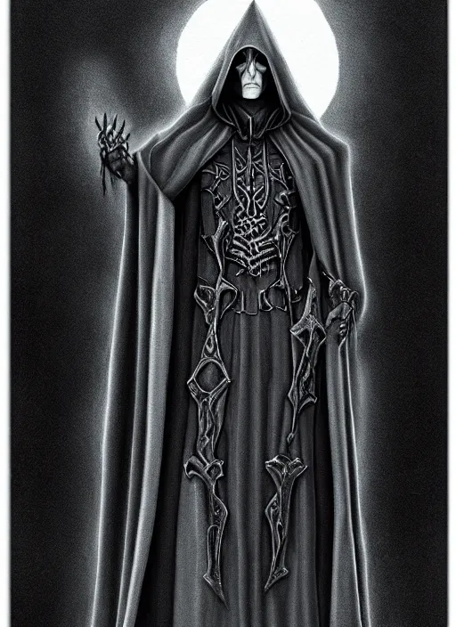 Image similar to pencil ultradetailed painting of the necromancer, wearing a black cloak, crisp