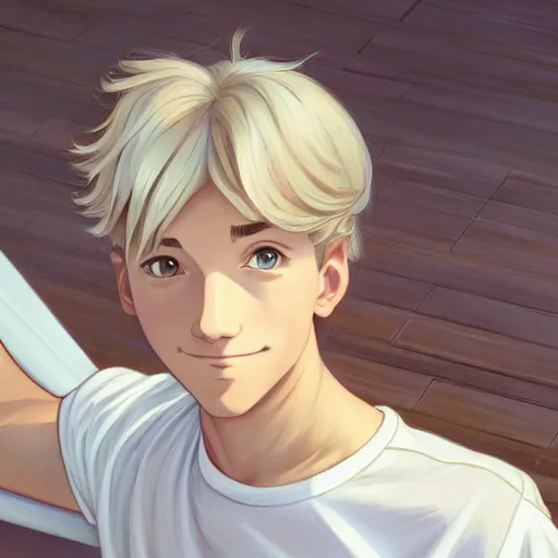 Image similar to young man with short, ash blond greyish hair, light brown eyes, casual clothes, hanging out on a bed, path traced, highly detailed, high quality, digital painting, by don bluth and ross tran and studio ghibli and alphonse mucha, sylvain sarrailh
