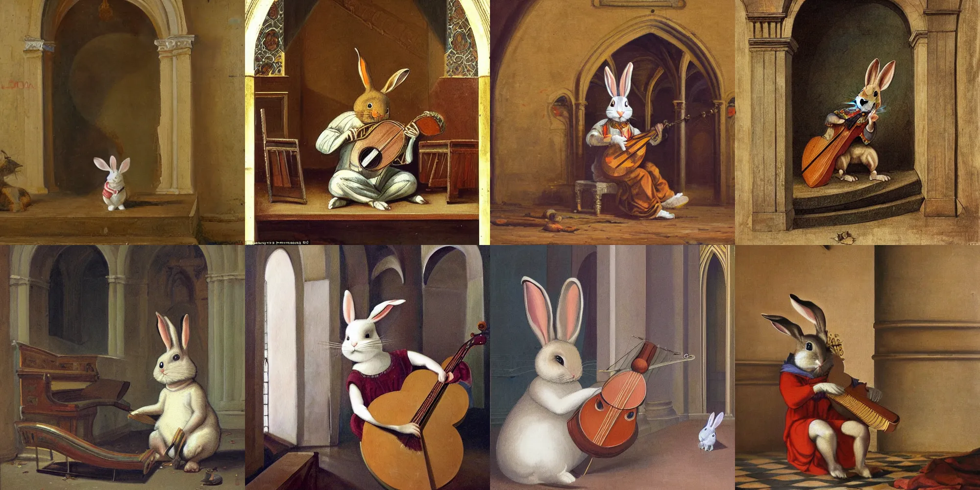 Prompt: A painting of an anthropomorphic rabbit playing lute in an abandoned cathedral, very vivid and detailed