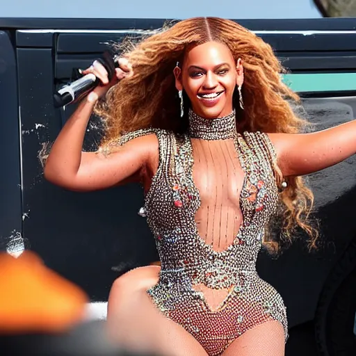 Prompt: beyonce driving a big rig truck