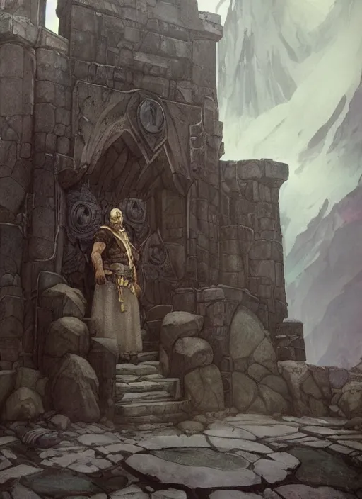 Prompt: Grikki the dwarf. A humble dwarven stone mason completes the great gate of kings. Fantasy concept art. Brutalist architecture.Moody Epic painting by James Gurney, and Alphonso Mucha. ArtstationHQ. painting with Vivid color. (Dragon age, witcher 3, lotr)