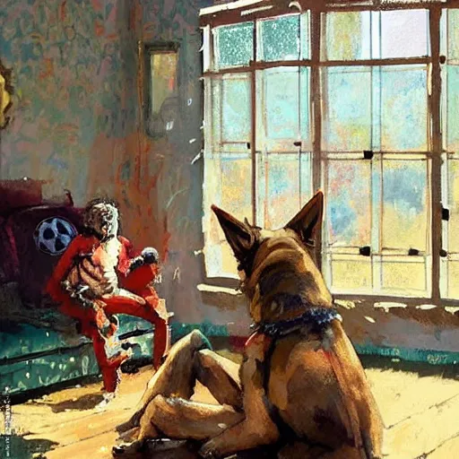 Image similar to a humanoid german shepherd beast - man, sitting and watching a soccer match in his house on television, he has hurt his knee and is a dad, by erin hanson, alexi zaitsev, karl spitzweg, award winning, tv set