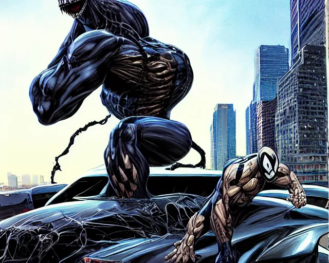 Image similar to Venom standing on top of a wrecked car in the city art by Clayton Crain, Javier Garron and Gerardo Sandoval, Ultra detailed, hyper realistic,