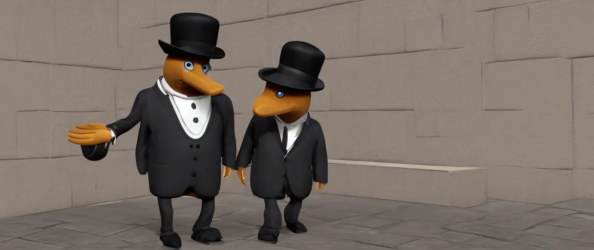 Prompt: a strange anthropomorphic platypus creature wearing a suit and bowler hat going to job interview | unreal engine:.7