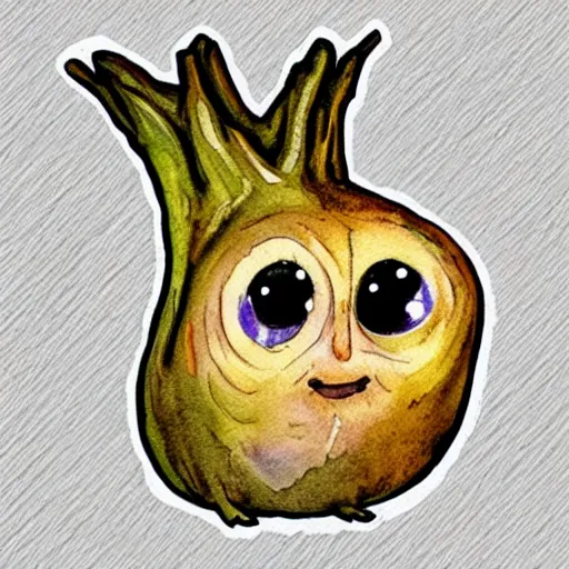 Prompt: cute watercolor colourful mandrake root with big eyes, from harry potter sticker,