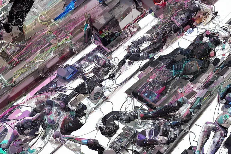 Image similar to a cyberpunk illustration of a group of female androids in style of masamune shirow, lying on an abstract, empty, white floor with their body parts scattered around in various poses and cables and wires coming out, by yukito kishiro and katsuhiro otomo, hyper-detailed, intricate, view from above