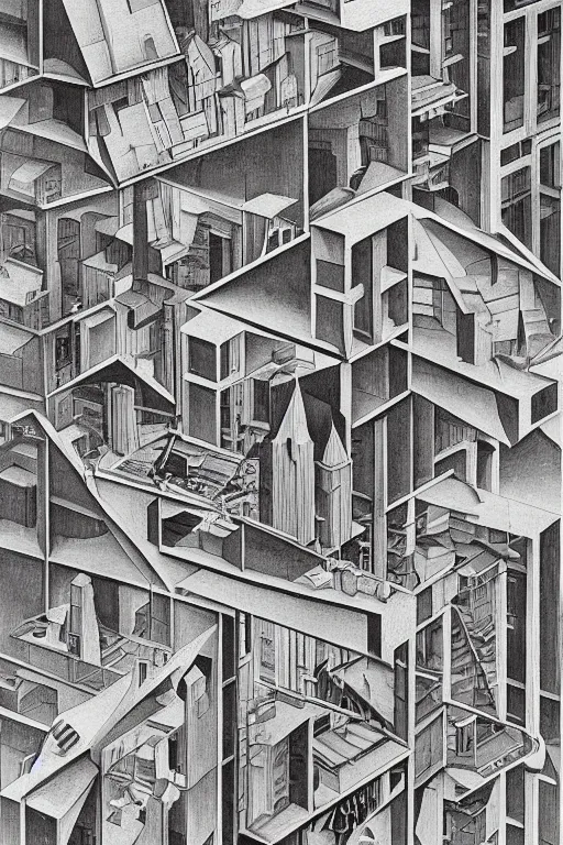 Image similar to A beautiful painting of Multistorey architectures seen from above by MC Escher.