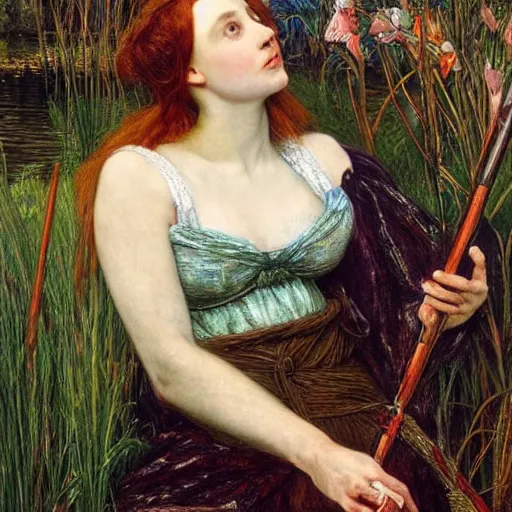 Image similar to breathtaking masterpiece of art, elizabeth eleanor siddall as ophelia floating on the water fully clothed in flowing medieval clothes amongst the reeds by william holman hunt and rosetti, 8 k