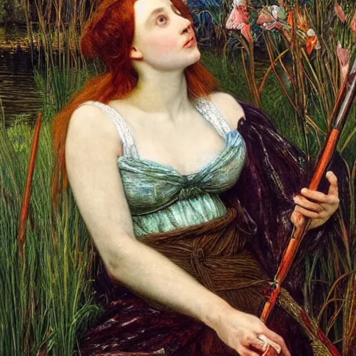 Prompt: breathtaking masterpiece of art, elizabeth eleanor siddall as ophelia floating on the water fully clothed in flowing medieval clothes amongst the reeds by william holman hunt and rosetti, 8 k