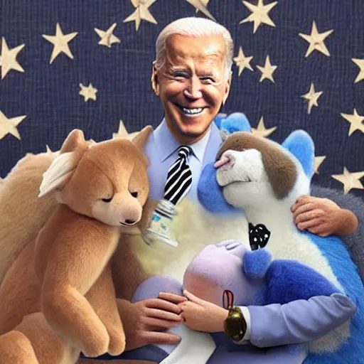 Image similar to joe biden cuddling in heaven with furries