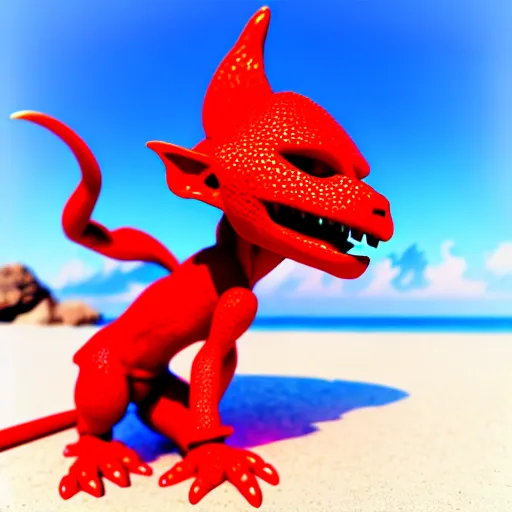 Prompt: Cute red Kobold wearing caveman clothes at a beach, digital art, anime, cartoon shader 3D model