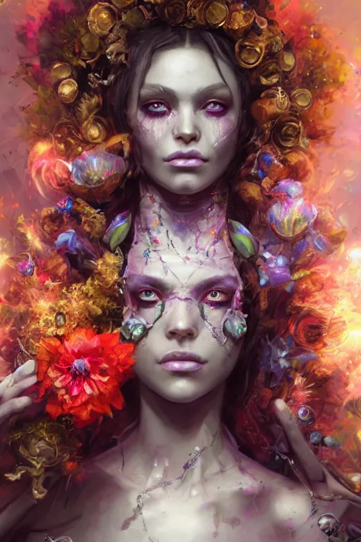 Image similar to face closeup of beautiful girl necromancer, witch - doctor covered with velvet exploding into crystals, angels, 3 d render, hyper realistic detailed portrait, holding magic flowers, ruan jia, wlop. scifi, fantasy, hyper detailed, octane render, concept art, peter mohrbacher