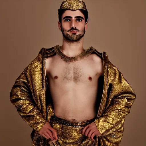 Prompt: photo of a beautiful young greek man in the costume of a byzantine emperor, fashion photo shoot, studio lighting, 4 k