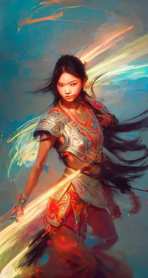 Image similar to beautiful asian ethnic warrior girl, digital illustration by ruan jia on artstation, outlined by whirling illuminated neon lines and fine lines swirling in circles by jesper ejsing and rhads and makoto and shinkai and lois van baarle, digital art, trending on artstation