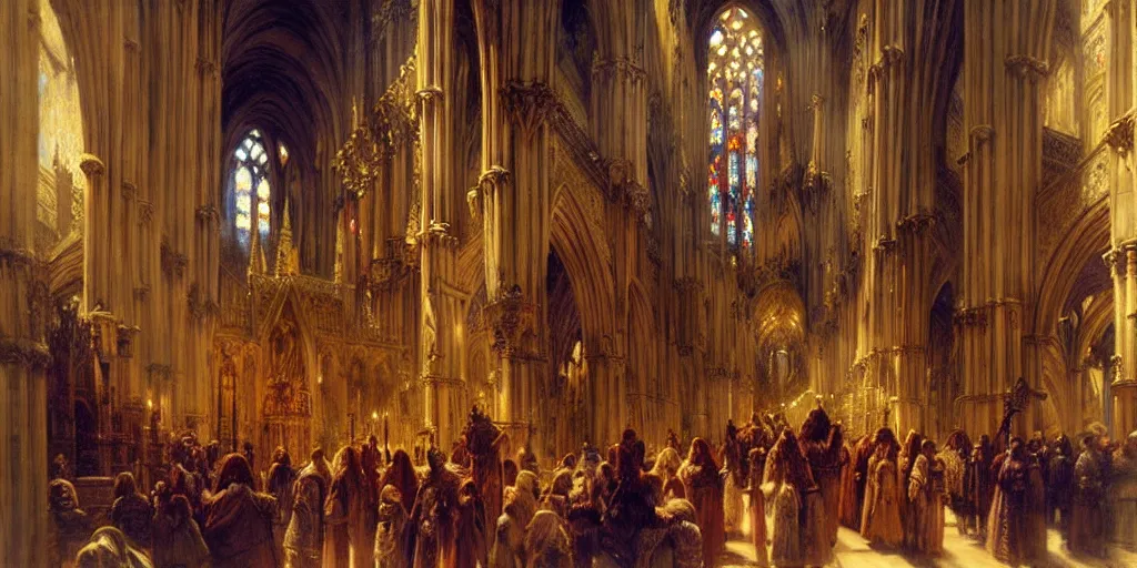 Prompt: inside a giant medieval cathedral, intricate details. highly detailed painting by gaston bussiere, j. c. leyendecker 8 k