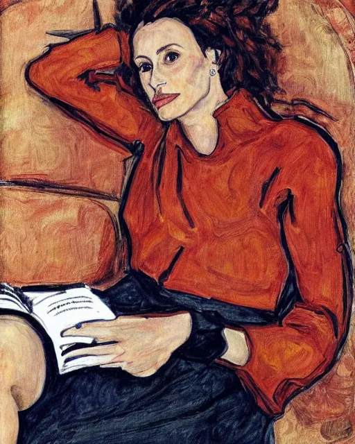 Prompt: portrait of julia roberts on the sofa reading a book, in the style of Egon Schiele