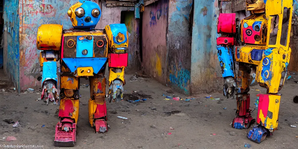 Image similar to colourful but damaged giant mecha ROBOT of AJEGUNLE SLUMS of Lagos, markings on robot, Golden Hour,