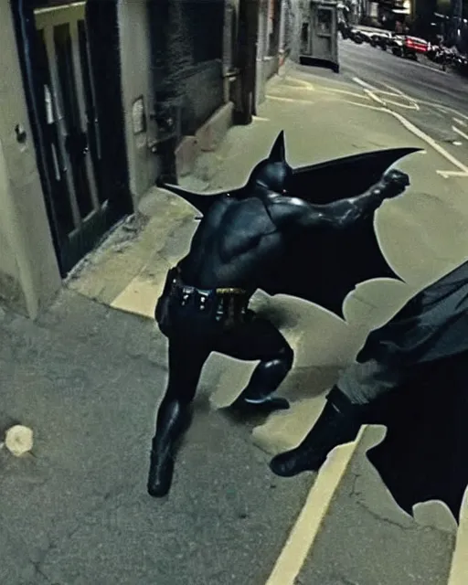 Image similar to Batman caught beating up a random guy in Gotham, security cam footage, realistic, real life, 720p, shot from far away, low quality footage, leaked footage, viral on instagram, viral on twitter, snapchat photo