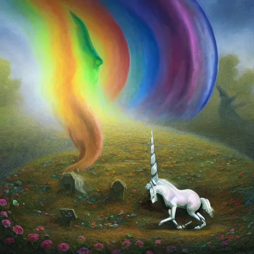 Image similar to a stunning detailed mate painting of a humonid unicorn dancing under a rainbow on a graveyard'by wayne barlowe, existential horror, trending on cgsociety artstation, highly detailed, 8 k, masterpiece, super resolution.