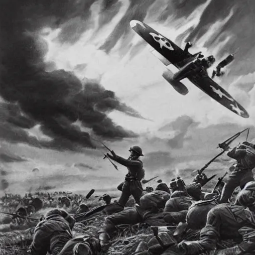 Image similar to pikachu fighting stalin in ww 2 uniform and a mustache, fighting in world war 2, photorealistic, high detail, realistic, sharp focus, smooth edges, soldiers in the background! black & white!, dramatic, sky on fire with dogfights in the sky. wide angle. painting by eugene de lacroix